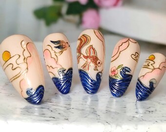 Press on Nails, Japanese Sunset hand painted reusable gel nails