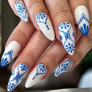 Press on Nails, Blue and White Porcelain Spanish Tile talavera gel nails