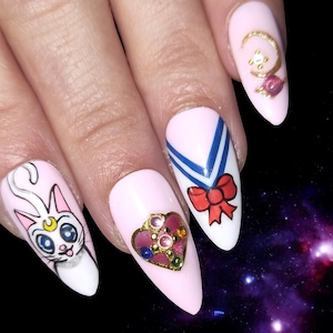 Anime Character Press-on Nails, Pink Rhinestone Bling reusable custom gel nails