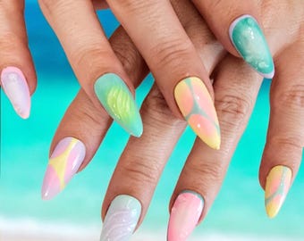 Abstract Aura Freestyle 3D Press on nails, Pastel Spring Summer Easter Nails