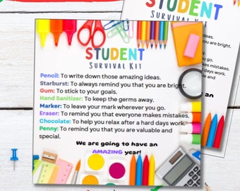 Student survival kit printable tags and poster, first week of school gift, student gifts, PTO student gift, instant download tags and poster