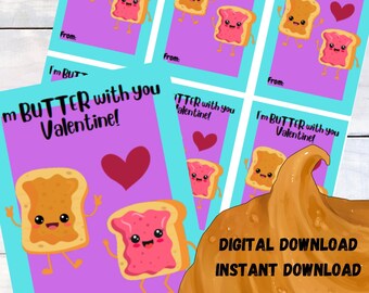 Peanut Butter and Jelly Valentine's, PB&J valentine cards, school valentines, student valentines, printable valentine's cards, PTO valentine