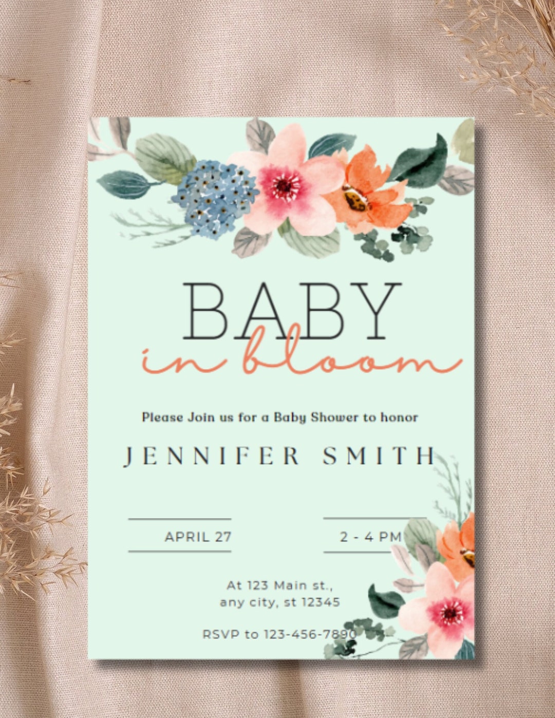 Baby in Bloom Invitation, Baby Shower Invitation, Editable Baby Shower