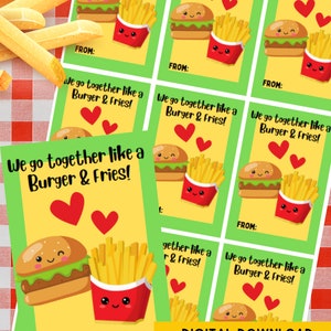 Tarjetas de San Valentín con hamburguesas y papas fritas, tarjetas de San Valentín para imprimir, tarjetas de San Valentín con hamburguesas y papas fritas, tarjetas de San Valentín con descarga digital