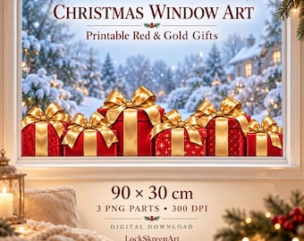Décoration de fenêtre de Noël à imprimer : boîtes cadeaux rouges avec nœuds dorés, téléchargement PNG grand format.