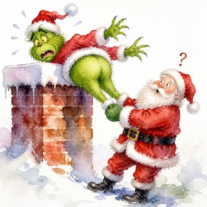 Puede incluir: Una ilustración en acuarela de una criatura verde y peluda con gorro y abrigo de Papá Noel rojo, atrapada en una chimenea de ladrillo. Papá Noel, vestido con traje rojo y ribetes blancos, tira de las piernas de la criatura con un signo de interrogación.