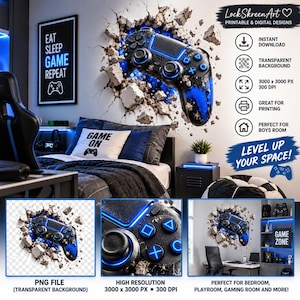 Puede incluir: Un diseño gráfico digital que muestra un mando de juego negro y azul emergiendo de un efecto de pared agrietada. La imagen incluye elementos de texto como EAT SLEEP GAME REPEAT, GAME ON y LEVEL UP YOUR SPACE, en una habitación de juegos.