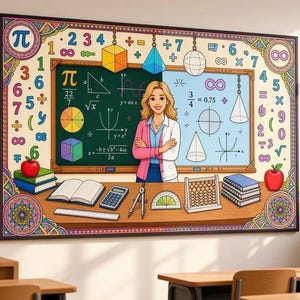 May include: A large rectangular wall poster featuring a math-themed classroom scene. A teacher stands before a chalkboard covered in equations, geometric shapes, and numbers. The desk holds books, a calculator, a compass, a protractor, and an abacus.