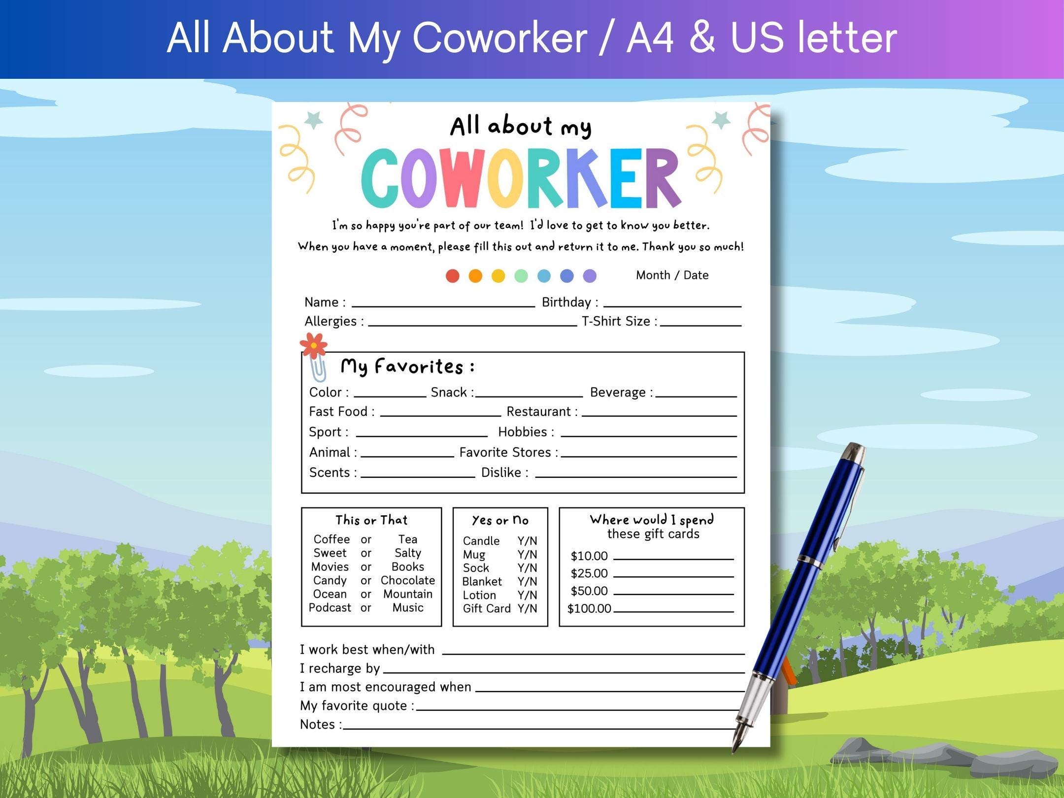 New Team Questionnaire.pdf Coworker Questionnaire: New Employee Team Survey (printable PDF) - Etsy