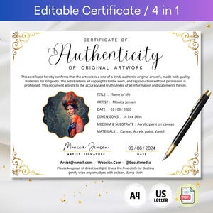 Plantilla de certificado de autenticidad editable para obra de arte, certificado imprimible de obra original del artista, plantilla de COA, tamaño carta A4 de EE. UU.