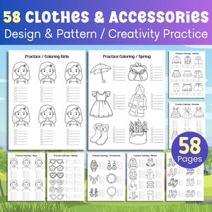May include: A set of 58 printable colouring pages featuring various clothing items and accessories. The pages are organised into categories such as girls, spring, dresses, hats, sweaters, accessories, and winter.