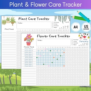 Planificador de cuidado de plantas y flores imprimible para tamaño carta de EE. UU. y A4, rastreador de trasplante de fertilizantes de riego de plantas, cuidado de plantas de descarga digital