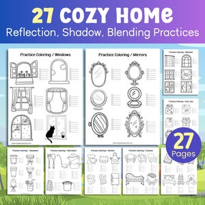 May include: A set of 27 printable coloring pages featuring various home objects, including windows, mirrors, kitchenware, and furniture. The pages are designed to help practice coloring, reflection, shadow, and blending techniques.