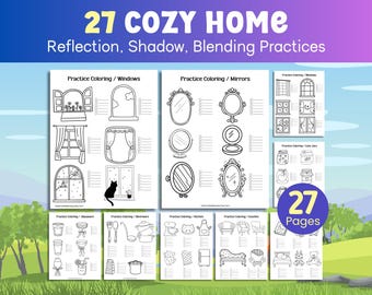 May include: A set of 27 printable coloring pages featuring various home objects, including windows, mirrors, kitchenware, and furniture. The pages are designed to help practice coloring, reflection, shadow, and blending techniques.