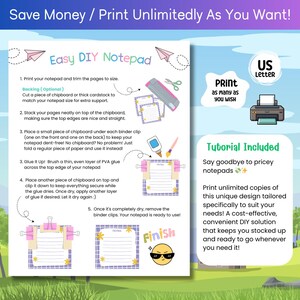 Pu&ograve; includere: Un tutorial stampabile per un blocco note fai-da-te con istruzioni su come assemblare un blocco note usando cartone e clip per rilegatura. Il tutorial include un'illustrazione colorata del blocco note finito e un'icona della stampante.