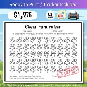 May include: Black and white printable cheer fundraiser with a grid of 48 bows. Each bow has a number from 1 to 48. The text "Help support ____'s cheer season!" is at the top of the page. The text "By selecting and coloring your preferred bow number and donating that amount!" is below the text. The text "Your support greatly impacts my cheer journey. Thank you for being an essential part of my success!" is at the bottom of the page.