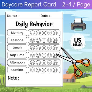 デイケア幼稚園の毎日の行動レポートカード、印刷可能な幼児の日報、介護者向けの印刷可能なダウンロード、簡単なシンプルな日報カード