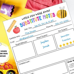 Pu&ograve; includere: Un modello di nota per insegnanti sostituti stampabile con un'illustrazione di un'ape. Il modello include sezioni per il comportamento degli studenti, gli studenti assenti, gli studenti stellari, il lavoro completato e una sezione per circondare i punteggi per l'essere in attivit&agrave; e l'ascolto.
