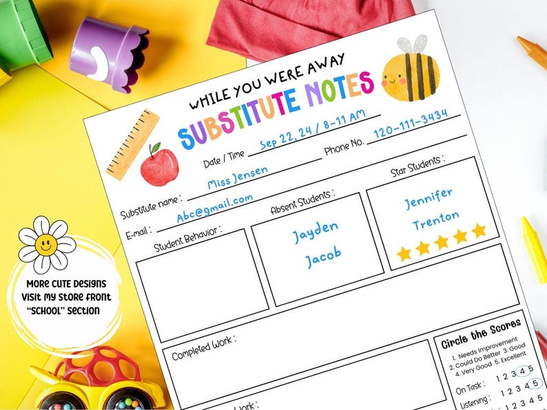 Pu&ograve; includere: Un modello di nota per insegnanti sostituti stampabile con un'illustrazione di un'ape. Il modello include sezioni per il comportamento degli studenti, gli studenti assenti, gli studenti stellari, il lavoro completato e una sezione per circondare i punteggi per l'essere in attivit&agrave; e l'ascolto.