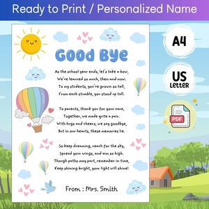 Carta imprimible de fin de año escolar para estudiantes y padres, lindo poema para la clase, Regalo de maestra de preescolar a estudiantes, Escuela primaria