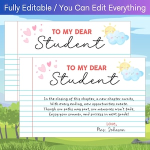 Carta editable de fin de año escolar para estudiante, lindo poema para clase, regalo de maestra de preescolar a estudiantes de jardín de infantes de escuela primaria