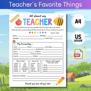 Lista de favoritos de los maestros para imprimir, Encuesta de regreso a la escuela, Cuestionario para completar, Algunas de mis cosas favoritas, Todo sobre mi maestro
