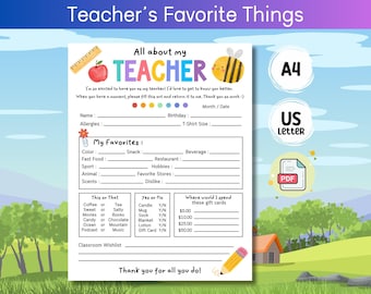 Printable teacher favorites list, Back to school survey, Fill in the blank questionnaire, Few of my favorite things, all about my teacher