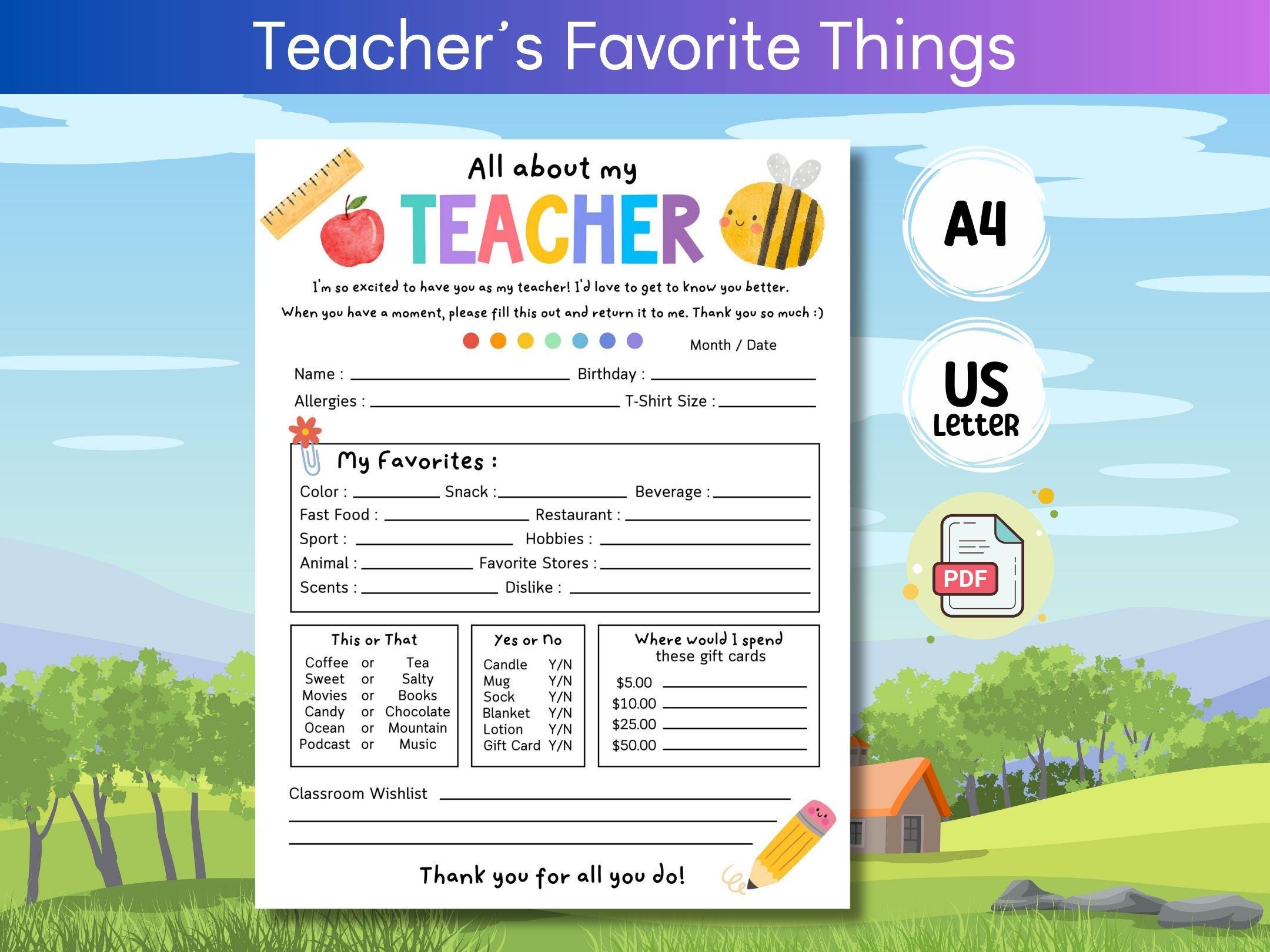 PSA10 理想の教師像 ofr All About My Teacher Survey, Favorites Questionnaire Back to