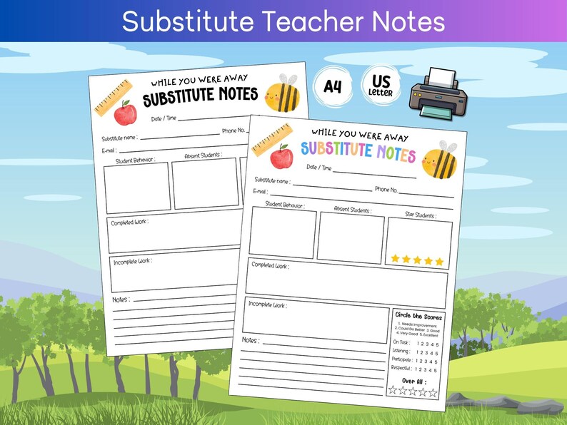 Pu&ograve; includere: Due pagine di note stampabili per insegnanti sostituti con un design di ape e mela. Le pagine includono sezioni per data, ora, nome del sostituto, e-mail, comportamento degli studenti, studenti recenti, lavoro completato, lavoro incompleto e note. La seconda pagina include anche una sezione per gli studenti stellari e una scala di valutazione per il comportamento generale, l'ascolto, il compito, la partecipazione e il rispetto.