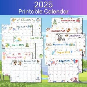 Printable Calendar, Lovely Children Calendar 2025, Downloadable Fridge or Wall Calendar, Kids Monthly Planner, Homeschool office Calendar