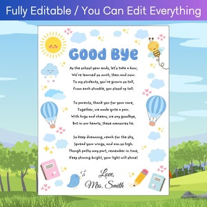 Carta editable de fin de año escolar para estudiantes y padres, lindo poema para la clase, regalo de la maestra de preescolar para los estudiantes, escuela primaria