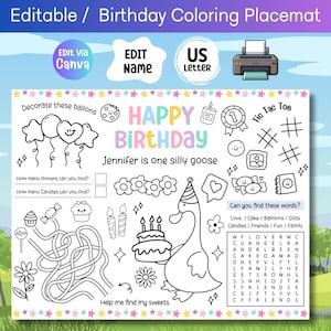 Tovaglietta da colorare per il compleanno di One Silly Goose, modificabile, foglio di attività da colorare con il nome per bambini, tema della prima festa di compleanno con l'oca