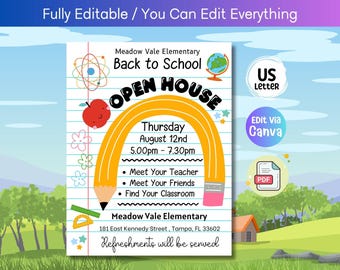 Editable back to school open house for elementary, prechool, kindergarten, Printable template, DIY school flyer, Cute Open house annoucement
