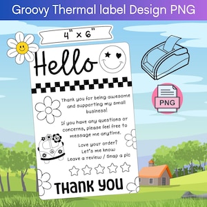 Hallo Danke Kunde Thermoetikett Design, PNG bereit zum Drucken, Groovy Spaß niedlich danke deisng für Thermodruckerverpackungsbeilage