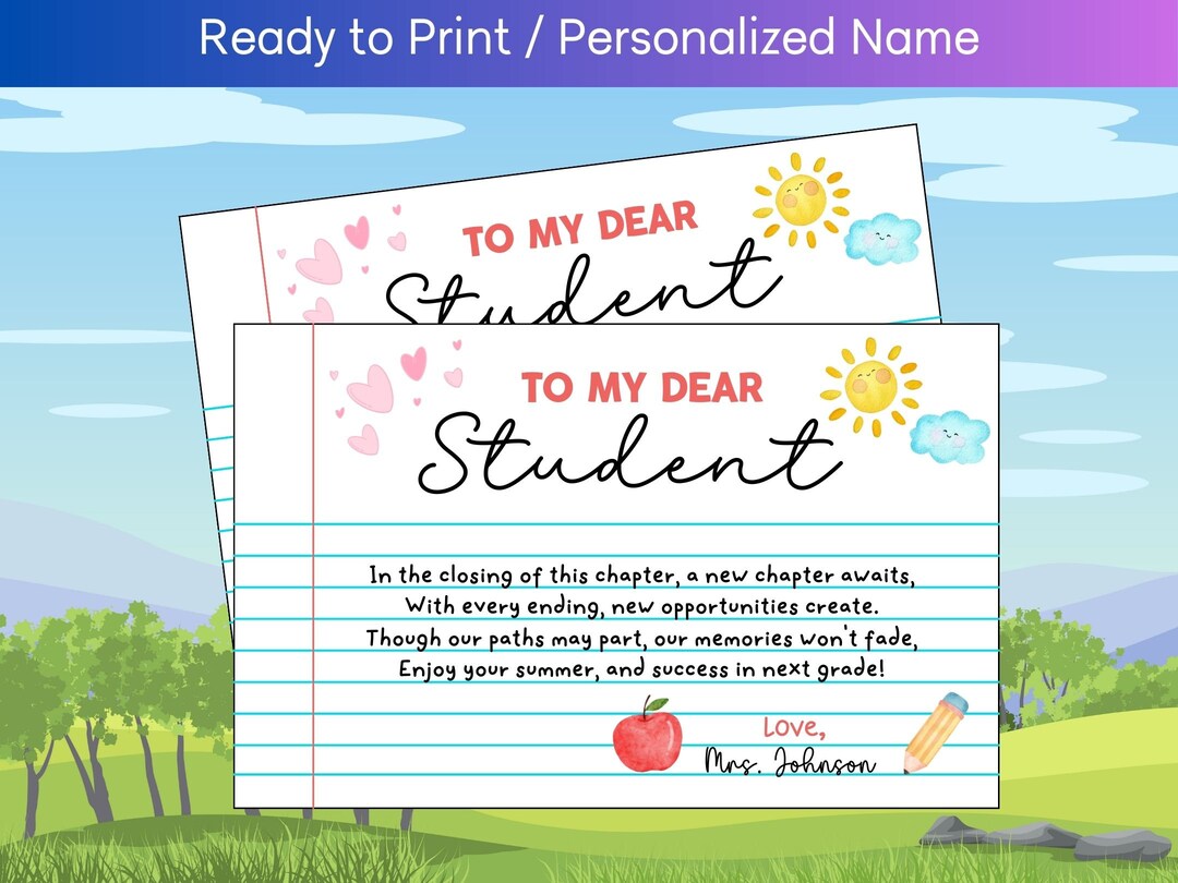 Printable End of School Year Letter for Student, Cute Poem for Class ...
