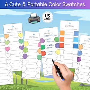 Gráficos de muestras de color compactos en blanco, libro para colorear con paleta de colores linda y dulce, con forma de corazón, estrella y círculo, libro para colorear kawaii, gráfico de muestras