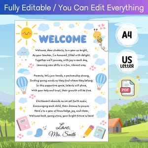 Plantilla totalmente editable de carta de bienvenida al colegio de maestros a padres, estudiantes, preescolar, jardín de infantes, imprimible, linda carta con globos