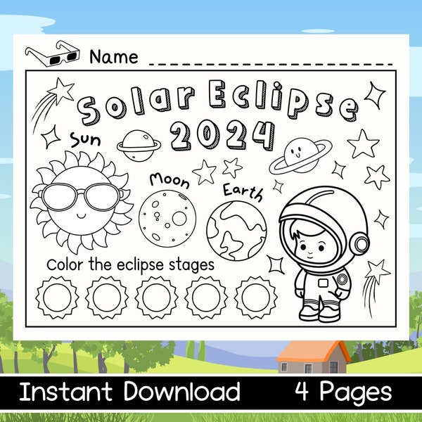 Solar Eclipse activities for kids, Solar Eclipse 2024 coloring pages, Total solar eclipse worksheet, Printable home school sheet, kids craft