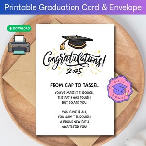 Carte de remise des diplômes 2025 imprimable pour l'université, lycée, poème inspirant de félicitations, promotion 2025 en téléchargement numérique Enveloppe imprimable