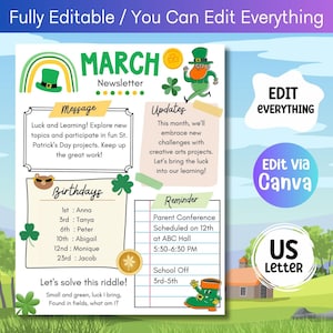 Modelo de boletim escolar totalmente editável de março de St Patrick, notícias mensais, folheto de volta às aulas, nota de anúncio do professor, atualizações da sala de aula