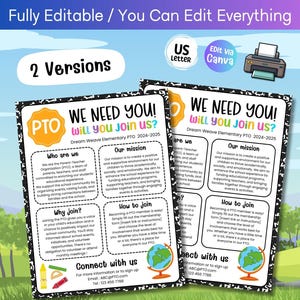 Puede incluir: Se muestran dos folletos con el texto "WE NEED YOU! Will you join us?". Los folletos son para una asociación de padres y maestros, con secciones sobre la misión, la afiliación y la información de contacto. El diseño incluye un globo terráqueo y útiles escolares.