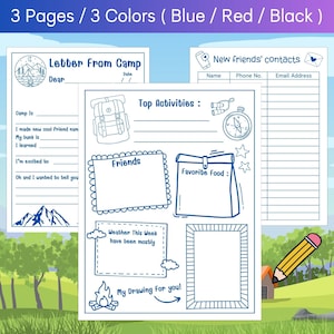Carta imprimible del campamento, complete la nota del campamento en blanco, Regalo del campista, Carta del campamento de verano del niño, Notas del campamento de fiesta de pijamas para niños y adolescentes