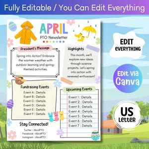 Plantilla de boletín de la PTO/TA de abril, primavera y Pascua totalmente editable, folleto escolar de noticias mensuales de 2025, actualización escolar, folleto del tablón de anuncios de actividades