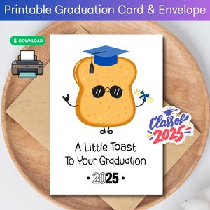 Carte de remise des diplômes 2025 amusante à imprimer pour l'université, le lycée, un petit toast à l'occasion de votre remise des diplômes, enveloppe de carte à téléchargement numérique pour la promotion 2025