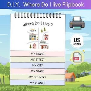 Wo wohne ich? Flipboook, Lage Lernaktivität, Printable homeschool Arbeitsblatt Kinder Kinder wo ich wohne PDF USA-Version