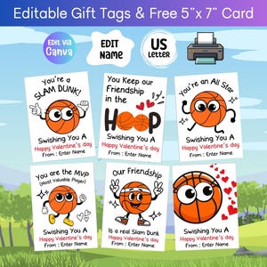 May include: Six printable Valentine's Day gift tags featuring basketball-themed illustrations and messages. The tags are editable and include the text "You're a Slam Dunk!", "You Keep our Friendship in the Hoop", "You're an All Star", "You are the MVP", "Our Friendship is a real Slam Dunk", and "Swishing You A Happy Valentine's Day".