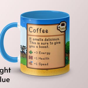 Taza de café de Stardew Valley, juego de Stardew Valley, regalo de taza de café de Stardew Valley, taza de Stardew Valley, estadísticas de café, taza de videojuego, taza de jugador imagen 9