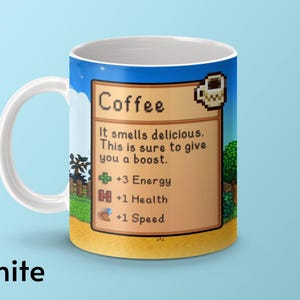 Taza de café de Stardew Valley, juego de Stardew Valley, regalo de taza de café de Stardew Valley, taza de Stardew Valley, estadísticas de café, taza de videojuego, taza de jugador imagen 4