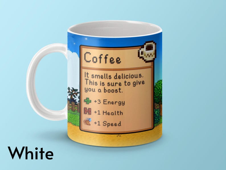 Taza de café de Stardew Valley, juego de Stardew Valley, regalo de taza de café de Stardew Valley, taza de Stardew Valley, estadísticas de café, taza de videojuego, taza de jugador imagen 4
