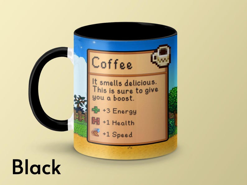 Taza de café de Stardew Valley, juego de Stardew Valley, regalo de taza de café de Stardew Valley, taza de Stardew Valley, estadísticas de café, taza de videojuego, taza de jugador imagen 6